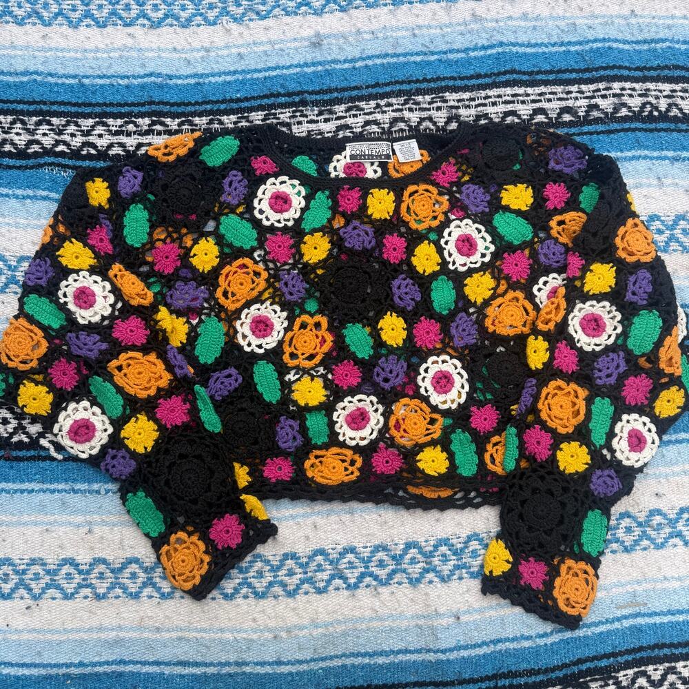 Women's Vintage 90's Contempo Hand Knit Black Hippie Boho Crochet Sweater Sz OS